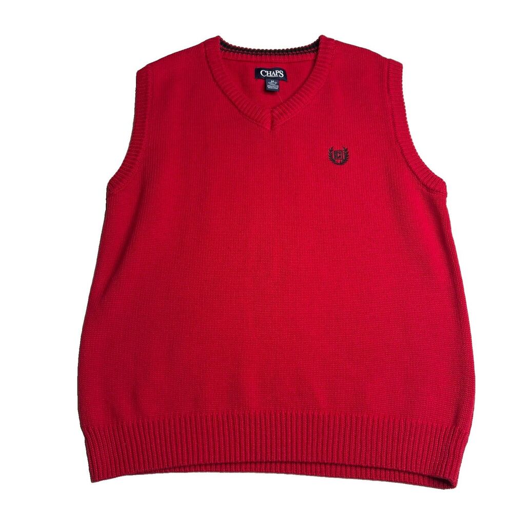 Chaps Red V-Neck Cotton Sweater Vest Pull Over Size Medium 10/12 Boys New NWT